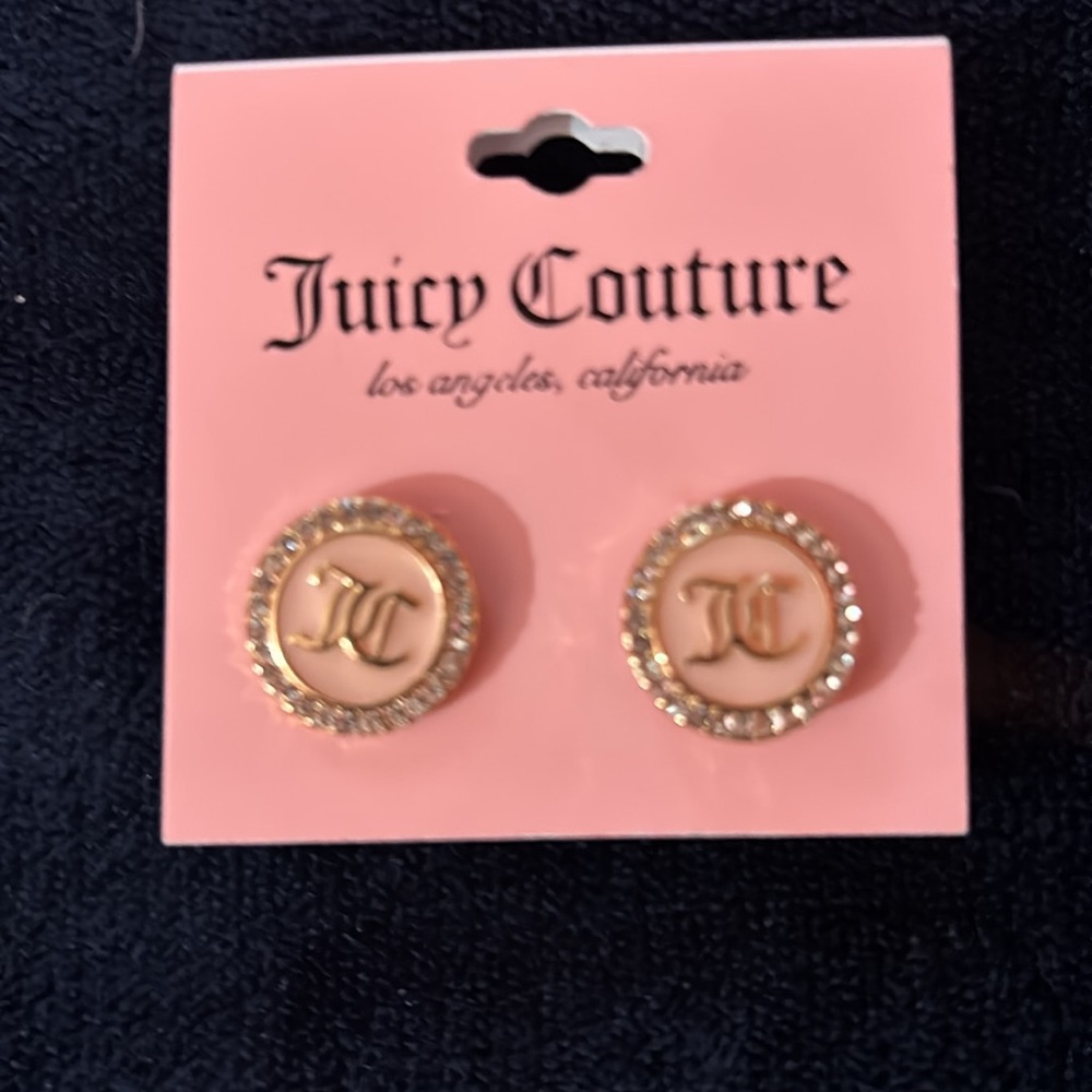 JUICY COUTURE GOLDTONE AND PAVE CRYSTAL GLASS STONE PINK CIRCLE STUD EARRINGS - Picture 2 of 5